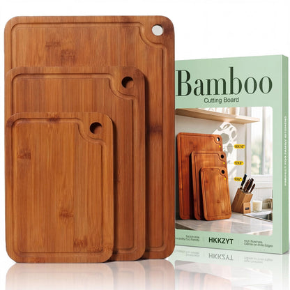 Deep-Carbonized Wood Cutting Board Set, HKKZYT 3 Pack Bamboo Chopping Boards for Kitchen with Side Handles, Charcuterie Board Juice Groove Knife-Friendly for Heavy Duty