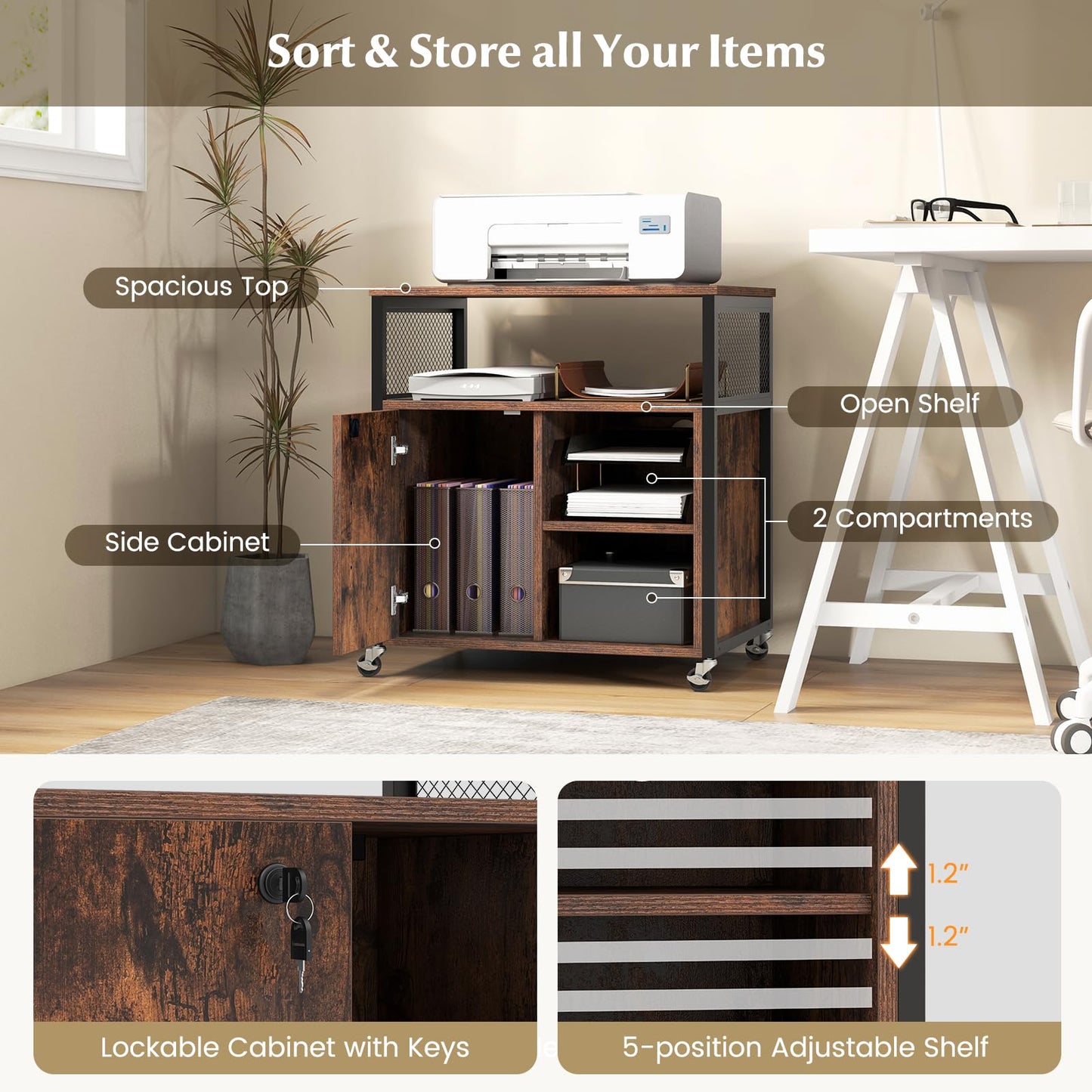 Giantex File Cabinet, Lateral Filing Cabinet with Lock, Wheels, Charging Station, Cable Hole, Lockable Side Cabinet, Adjustable Shelves, Metal Frame, Printer Stand for Home Office Small Space (Brown)