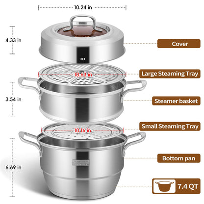 GOLDEN KEY 7.4 QT Steamer for Cooking, 2-Tier Multipurpose 18/8 Stainless Steel Steamer Pot with Lid for Vegetable, Seafood, Rice, Dumplings, Works with Gas Electric Induction Stove