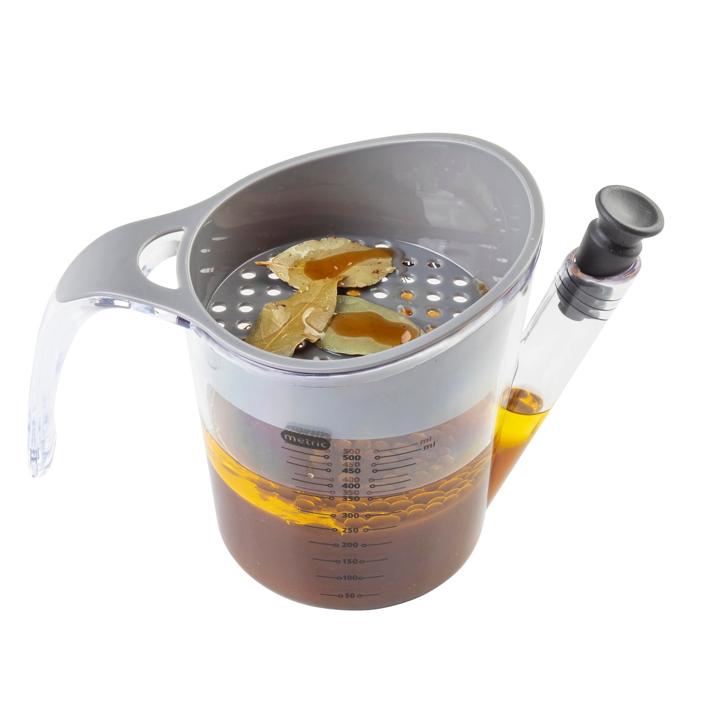 TableCraft 11778 Gravy and Fat Separator,16oz Clear Measuring Cup with Strainer Top and Stopper, Easy-Pour Spout, Capacity Markings in oz & ml, Ideal for Gravy, Pan Juices, Broths and Everyday Cooking