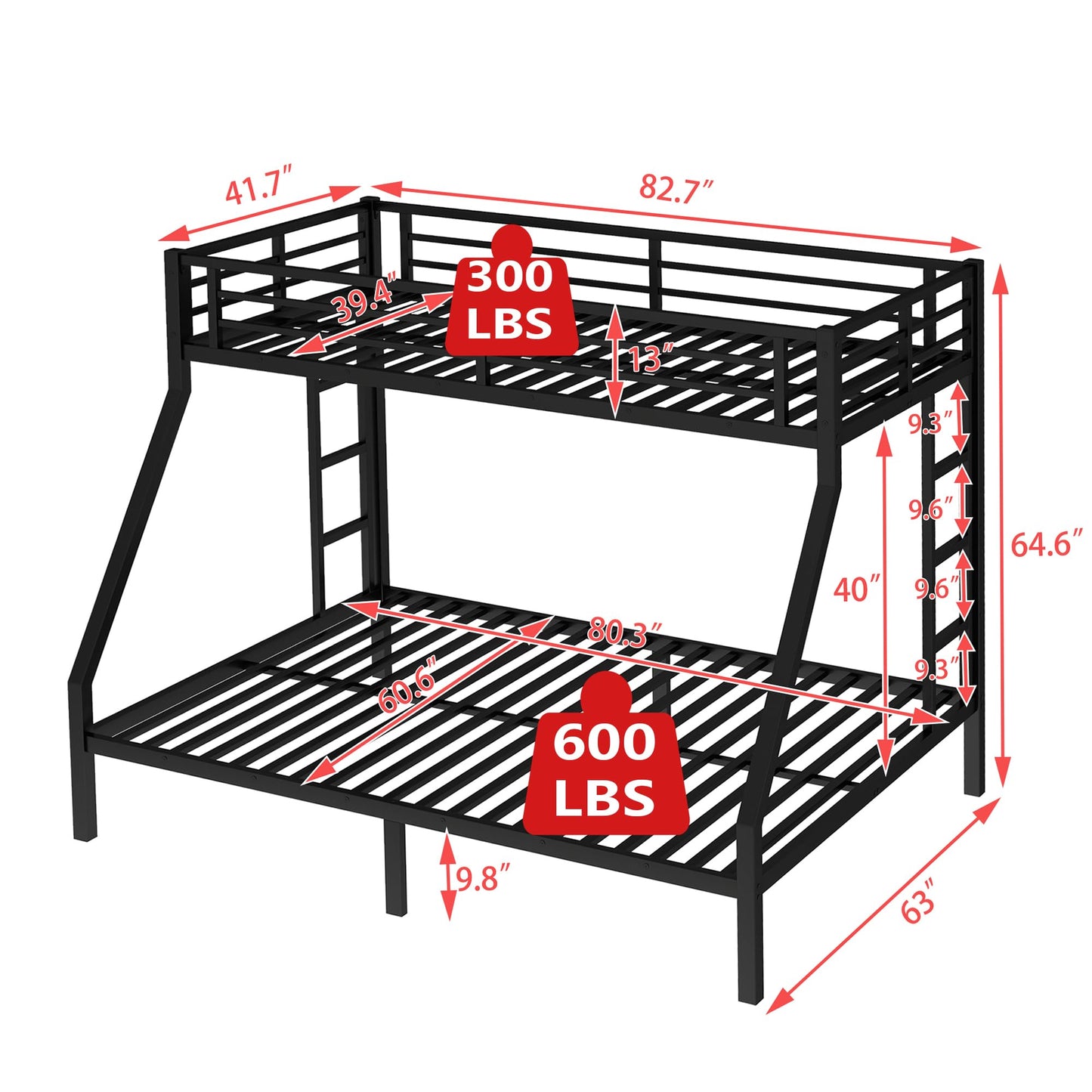 Bellemave Metal Twin XL Over Queen Bunk Bed for Adults/Kids,Heavy Duty Adults Bunk Beds with Guardrail & Ladders,Queen Size Bunk Beds for Teens,Black