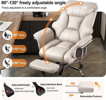 Executive High-Back Office Chair, Beige PU Leather, 550 Lbs Capacity, Retractable Footrest, Swivel with Chrome Base