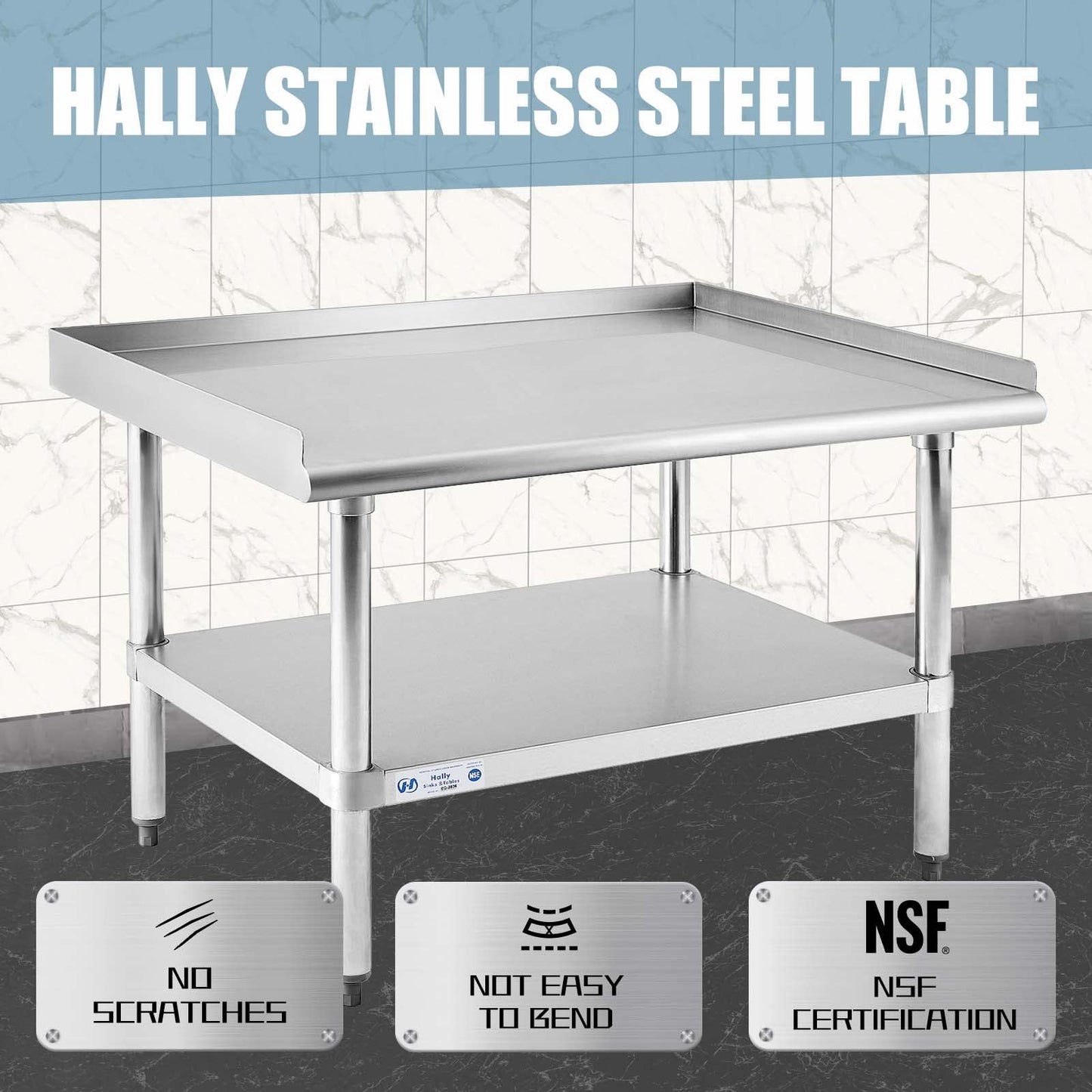 Hally Stainless Steel Equipment Stand 28x36 Inches with Undershelf, NSF Commercial Prep & Work Table with Rear and Side Risers, Heavy Duty Grill for Kitchen, Bar, Restaurant, Home and Hotel