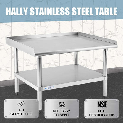 Hally Stainless Steel Equipment Stand 28x36 Inches with Undershelf, NSF Commercial Prep & Work Table with Rear and Side Risers, Heavy Duty Grill for Kitchen, Bar, Restaurant, Home and Hotel