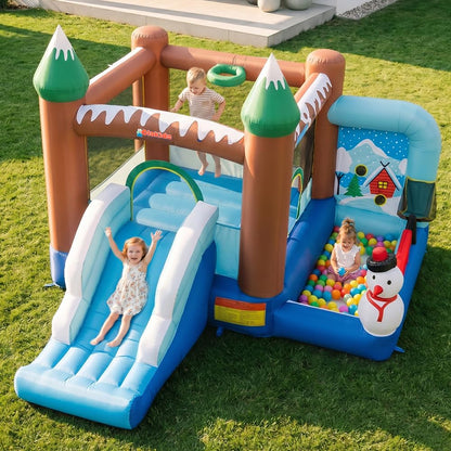 OLAKIDS Inflatable Bounce House, Christmas Snowman Theme Kids Jumping Castle with Slide Ball Pit Basketball Rim, Indoor Outdoor Inflatable Obstacle Course with 680W Blower Carry Bag