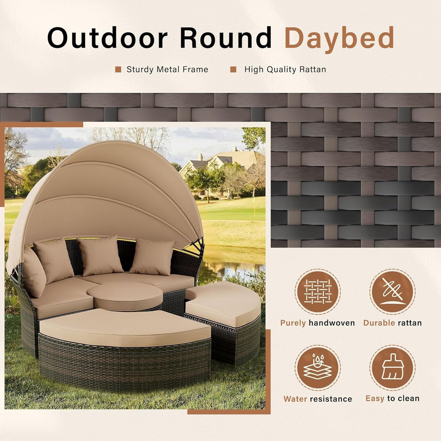Outdoor Furniture Patio Round Daybed with Retractable Canopy, Black Wicker Clamshell Sectional Seating with Cushions for Patio, Backyard, or Porch, Pool Round Bed (Brown)