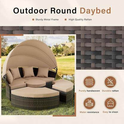 Outdoor Furniture Patio Round Daybed with Retractable Canopy, Black Wicker Clamshell Sectional Seating with Cushions for Patio, Backyard, or Porch, Pool Round Bed (Brown)