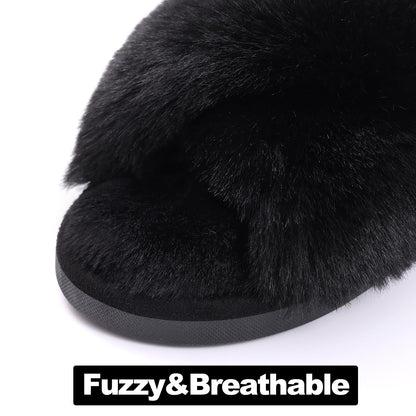 Evshine Women's Fuzzy Slippers Cross Band Memory Foam House Slippers Open Toe, Black, 36-37 (Size 5-6.5)