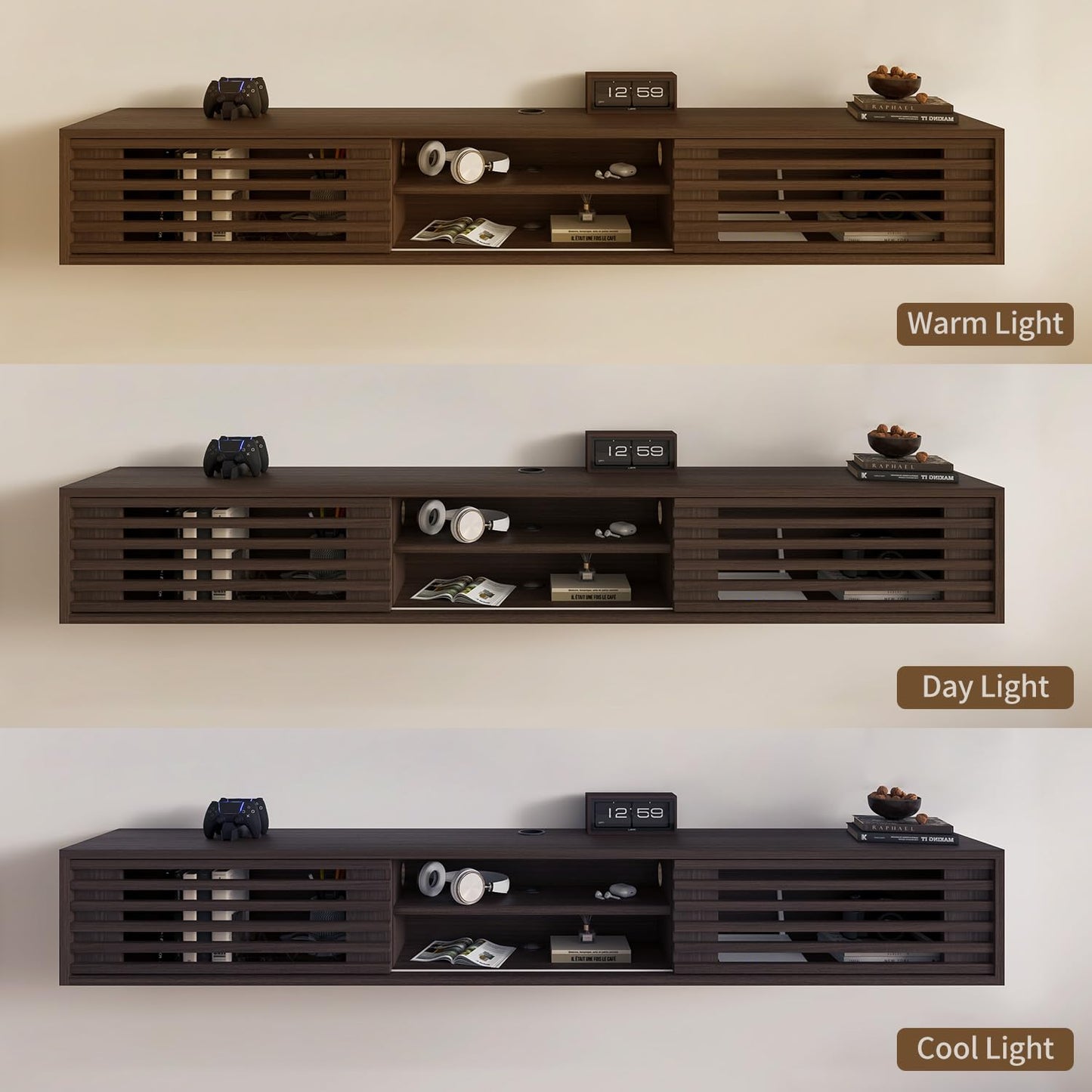 Furniloft 78" Floating TV Stand with Slatted Sliding Doors, Mid-Century Modern Wall Mounted Entertainment Center, Walnut Media Floating tv Console for 85 TV, Space-Saving Cable Management