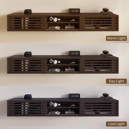 Furniloft 78" Floating TV Stand with Slatted Sliding Doors, Mid-Century Modern Wall Mounted Entertainment Center, Walnut Media Floating tv Console for 85 TV, Space-Saving Cable Management