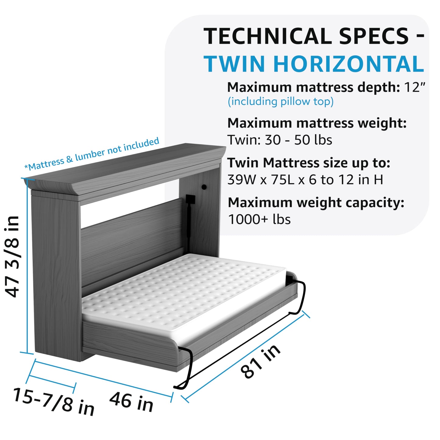 Create-A-Bed Adjustable Twin Size Deluxe Murphy Bed Kit, Horizontal