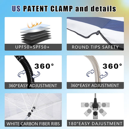 GRANDMEI Clamp,46 inches 50+ Chair Umbrella with UPF Clip on Parasol for Patio,Beach Chairs,Strollers,Wheelchairs,Golf