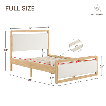 KISLOT Queen Wood Platform Bed Frame with Boucle Upholstered Headboard, Mid-Century Modern Bed with USB Charging Station, Solid Wood Slat Support, Noise-Free, No Box Spring Needed, Natural