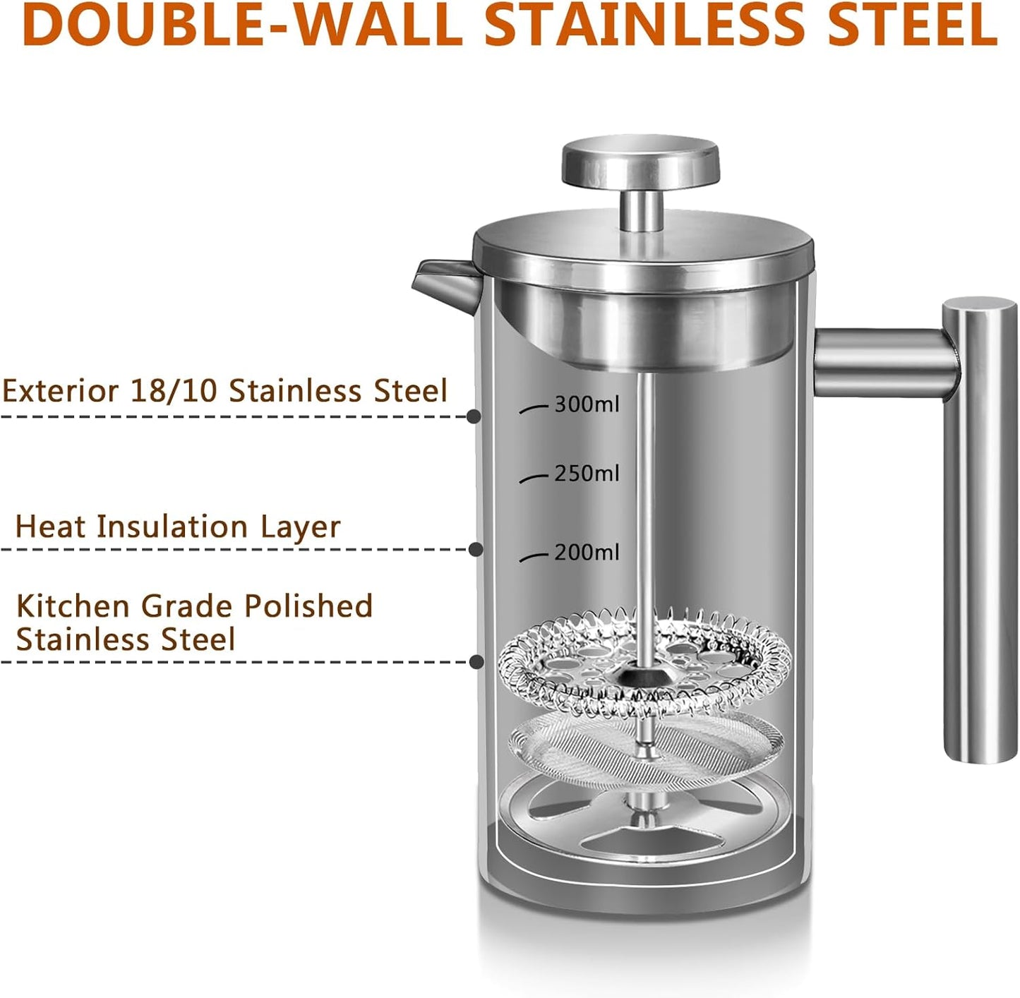 French Press, 12oz Double-Wall Insulated Coffee Maker, Stainless Steel with 3 Level Filtration System