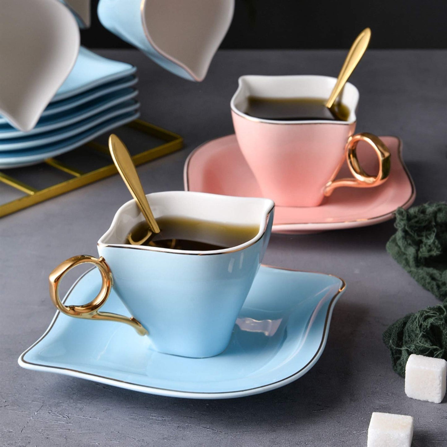 xiyouya 6-Piece Porcelain Ceramic Coffee Tea, Cups & Saucer Service Include 6 Cup，6 ，6 Teaspoons and Display Stand ，200ml/6.8oz(B)