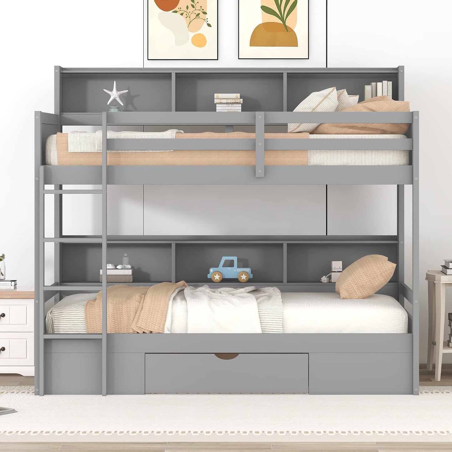 Ball & Cast Twin Over Twin Bunk Bed with Built-in Shelves Beside Both Upper and Down Bed & Storage Drawer, Twin Size Wooden Bunk Bed with Guardrails and Ladder for Kids,Teens,Adult,Gray