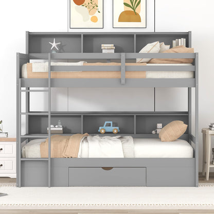 Ball & Cast Twin Over Twin Bunk Bed with Built-in Shelves Beside Both Upper and Down Bed & Storage Drawer, Twin Size Wooden Bunk Bed with Guardrails and Ladder for Kids,Teens,Adult,Gray