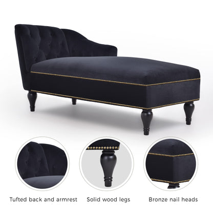 GDFStudio 58" Upholstered Chaise Lounge Chair Indoor, Modern Velvet Lounge Chaise with Button Tufted Arm, Nailhead Trim & Solid Wood Legs, Sleeper Bed Recliner Chair for Living Room Bedroom, Black