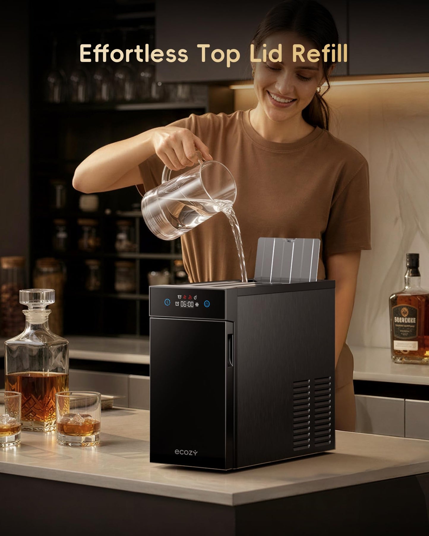 ecozy 2.1" Clear Ice Ball Maker Countertop with CrystalFlux Technology, Minimal Footprint Sphere Ice Maker with 8H Timer, 1 pc in 30 Mins, 48 pcs/Day, Self-Cleaning for Home Bar Whiskey & Bourbon
