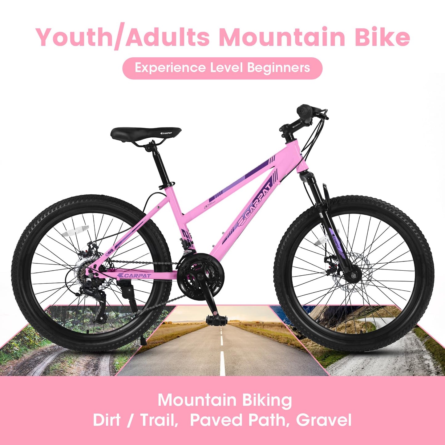 Ecarpat Women's Mountain Bike 24 Inch Wheels, 21-Speed Trail Commuter City Mountain Bikes, 15" Carbon Steel Frame Female Bicycles Disc Brakes Front Fork, Pink