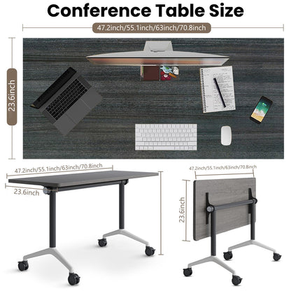 Folding Conference Room Tables, Seminar Conference Table Modern Flip Top Training Meeting Tables, Conference Room Table with Wheels for Home Office Classr,4 Pack 55.1inch