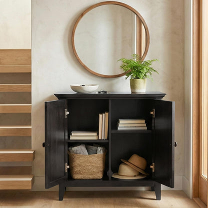 SIMPLIHOME Amherst 32-inch Wide Solid Wood Transitional-Style Low Storage Cabinet in Hickory Brown for Living Room, Entryway, or Dining Area with Adjustable Shelves