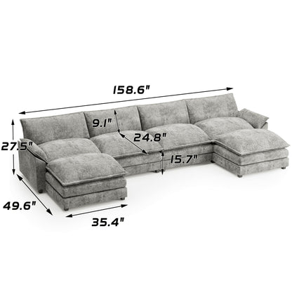 Shahoo Couches for Living Room, Sectional Modular Sofa U Shaped Chenille Fabric Couch with High Supportive & Soft Sponges and Removable Ottoman, Sleeper Comfy Upholstered Couch, Grey