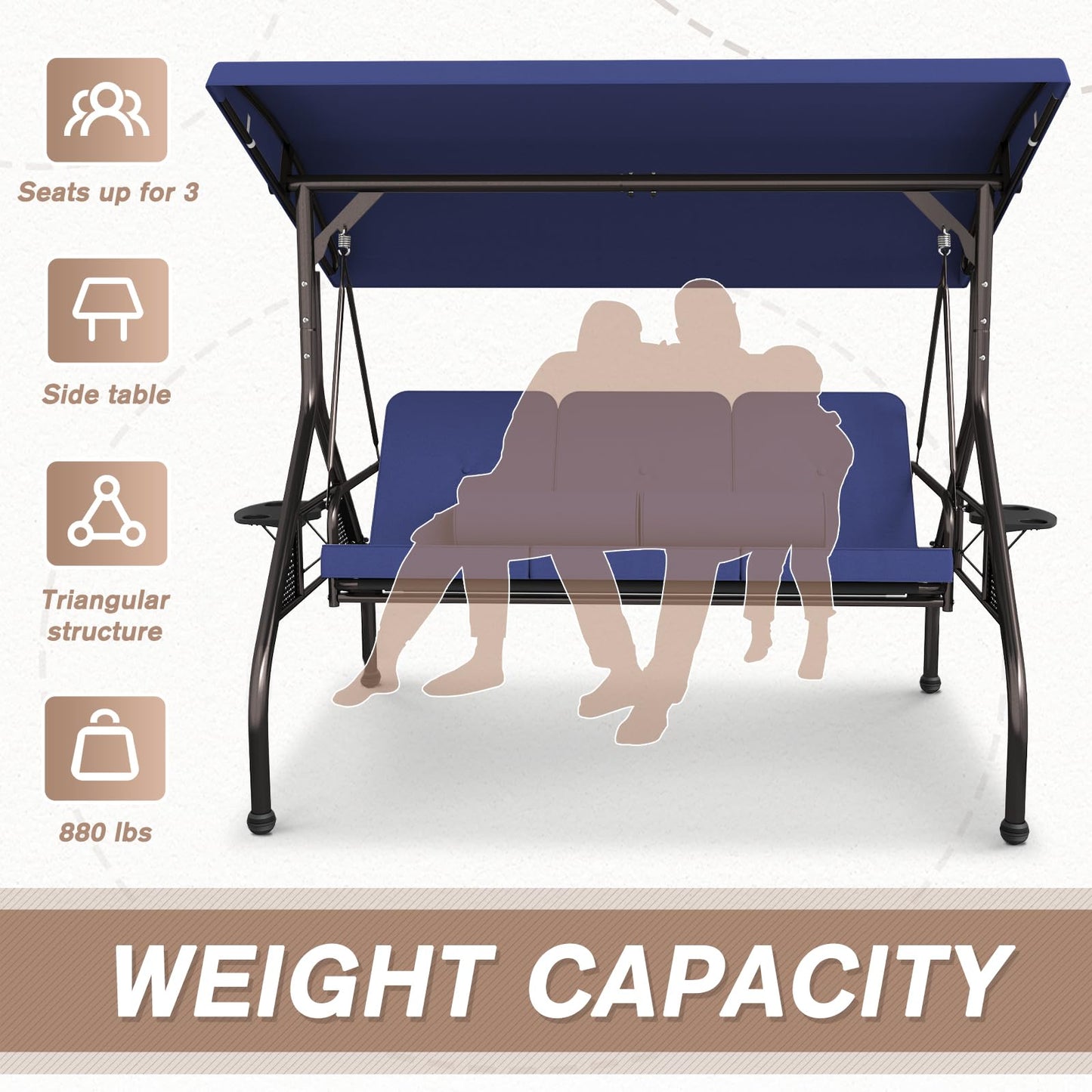 Patiomore 3 Seat Outdoor Porch Swing Bench, Adjustable Canopy Swing Chair, Convertible Backrest Swing Bed with Pillow & Cup Hold and Thicken Cushions, Dark Blue