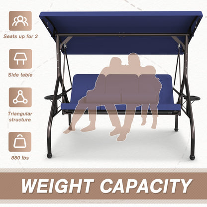 Patiomore 3 Seat Outdoor Porch Swing Bench, Adjustable Canopy Swing Chair, Convertible Backrest Swing Bed with Pillow & Cup Hold and Thicken Cushions, Dark Blue