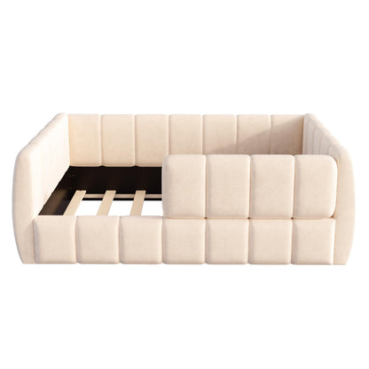 Merax Upholstered Floor Daybed with Removable Guardrails, Compatible with Standard US mattresses, Safety Bed with High Headboard & Footboard, Beige