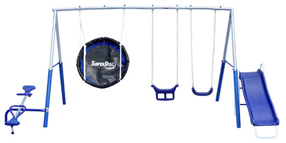 Free N Swing - 7 User / 5 Station Swing Set, Outdoor for Kids with 5' Slide. Easy Assembly Playground Set with Galvanized Metal Frame for Backyards, 168" L x 91" W x 74" H, by XDP Recreation