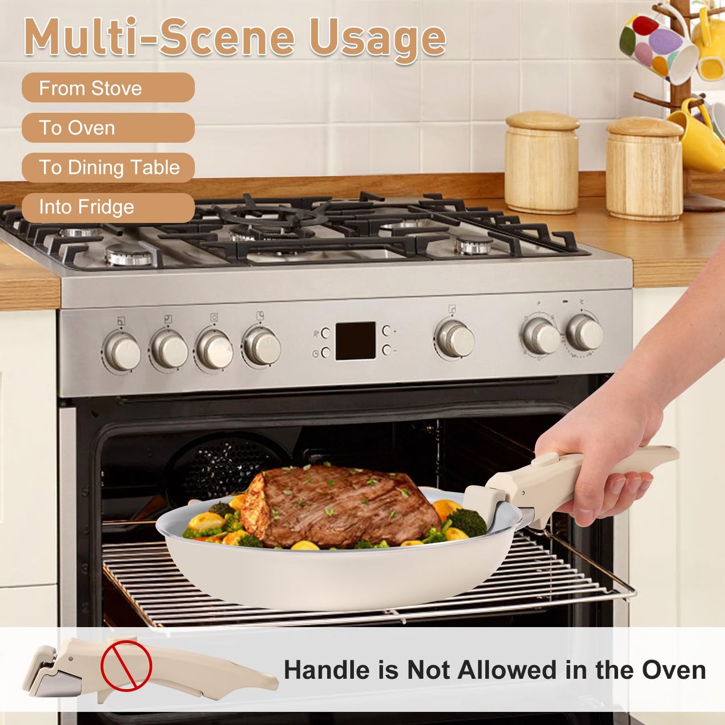 Wayona Removable Handle for Pots and Pans - Universal Detachable Pan Handle Replacement - Heat-Resistant Plastic, Stainless Steel, Silicone - Cream White