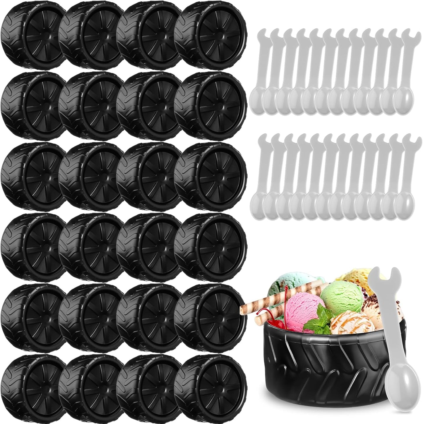24 Sets Set, Frozen Uiifan Truck Wheel Ice Cream Bowls Spoon Plastic Race Car Party Yogurt Cups with Spoons Sturdy