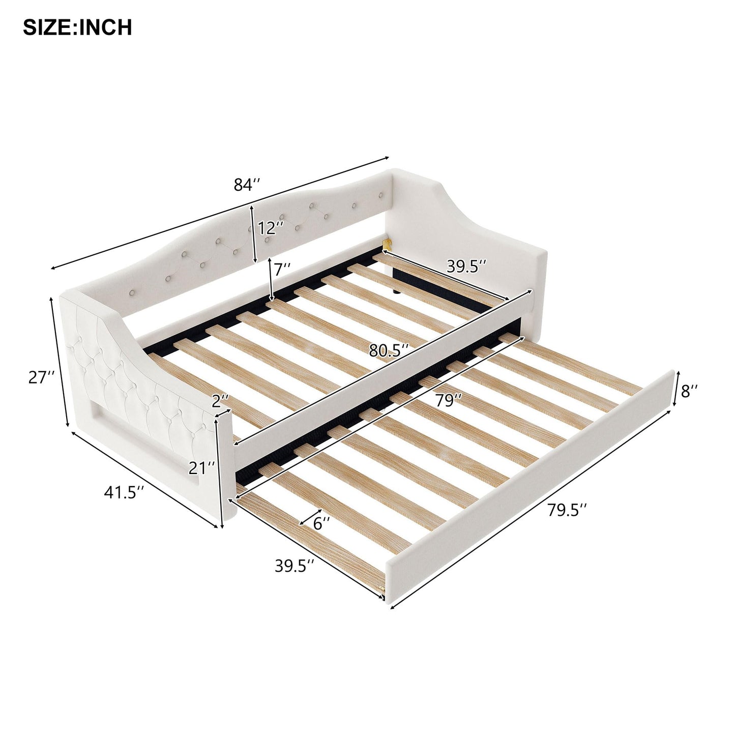 GDFStudio Twin XL Upholstered Daybed with Linen Fabric, LED Lighting Belt, Pull-Out Trundle, Sturdy Pine Wood Frame with Slats, Modern Beige Platform Bed for Users, No Box Spring Required, Beige