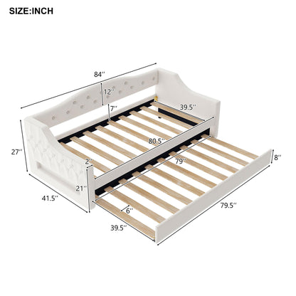 GDFStudio Twin XL Upholstered Daybed with Linen Fabric, LED Lighting Belt, Pull-Out Trundle, Sturdy Pine Wood Frame with Slats, Modern Beige Platform Bed for Users, No Box Spring Required, Beige