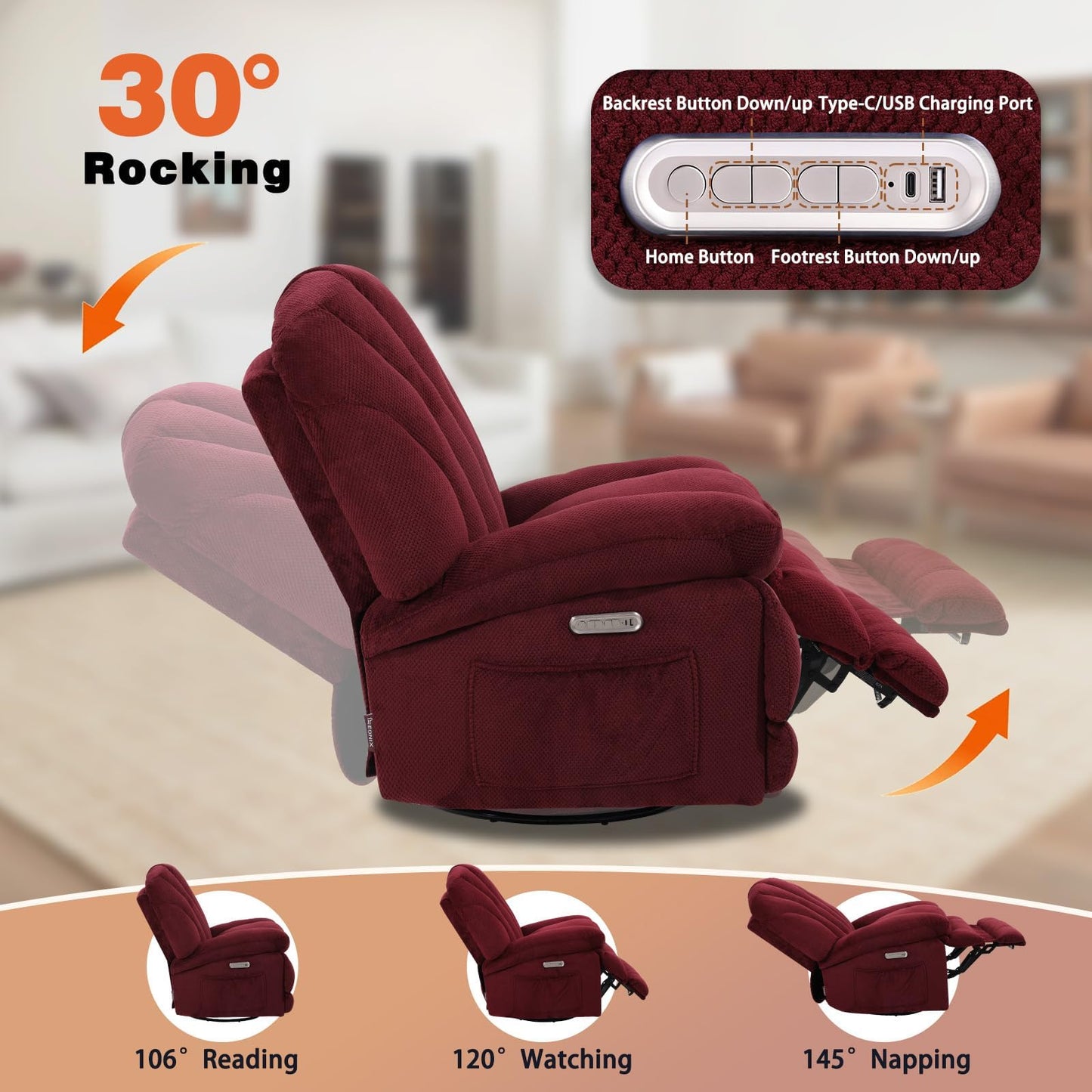 EONIX Dual Motor Power Swivel Rocker Recliner Chair for Living Room, Power Adjustable Backrest and Extended Footrest, Shell Shape Recliner Chair with USB Charging Ports, SXXY004021, Burgundy