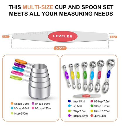 13-Piece Measuring Cups and Magnetic Spoons Set, 5 Stainless Steel Measuring Cups, 7 Double-Sided Magnetic Measuring Spoons & 1 Leveler for Cooking and Baking (5+7+1)