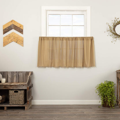 VHC Brands Primitive Farmhouse Kitchen Window Curtains - Tobacco Cloth Fringed Tier Pair, Set 24x36, Khaki Tan