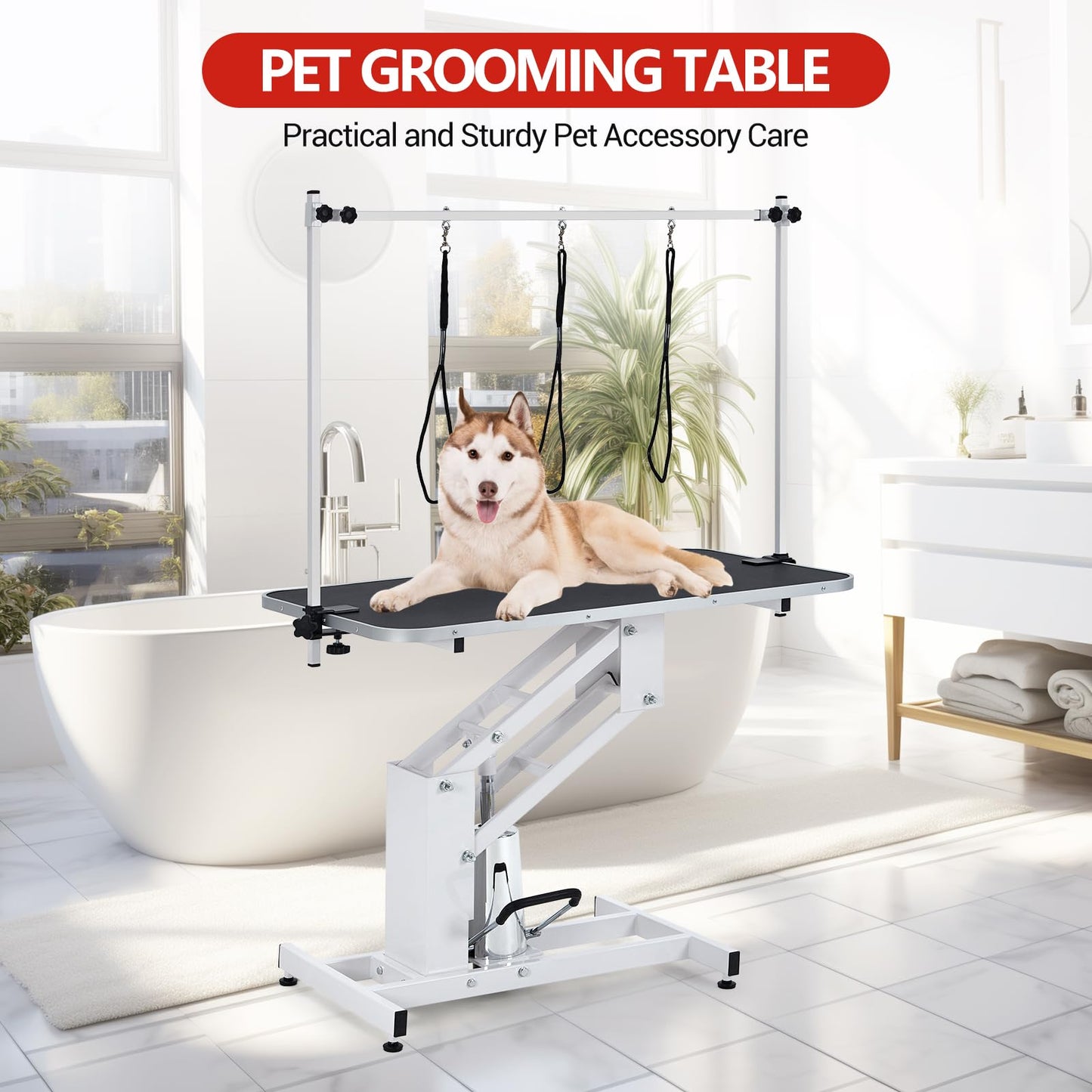MegaChoice 43.3" Professional Hydraulic Dog Grooming Table, Adjustable Height 22"-39", Max Load 350Lbs, Large Pet Grooming Table for Medium & Large Dogs