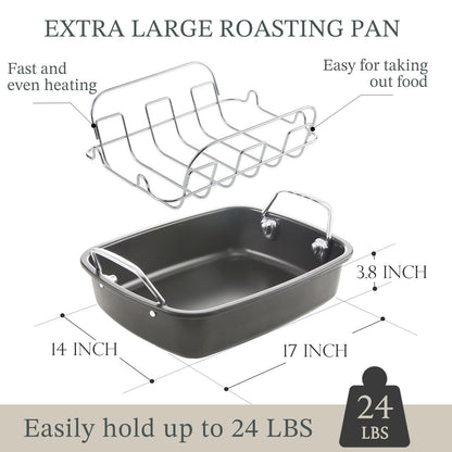 KITESSENSU Large Roasting Pan with Rack - 25 LB Nonstick Turkey Roaster Pan for Oven - Heavy Duty Carbon Steel Roasting Pan with Wider Handles for Chicken, Vegetables & Holiday Meals, Cream