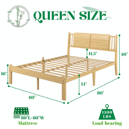 Askeld Bamboo Queen Bed Frame with Headboard, 14 inch Wood Platform Bed Frames Queen Size No Box Spring Needed, Rustic Farmhouse Heavy Duty Bedframe Noise Free, Easy Assembly