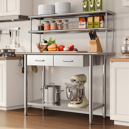 VEVOR Stainless Steel Work Table, 24x48 Inch Food Prep Table with Overshelves and 2 Drawers, Commercial Kitchen Workstation with Adjustable Undershelf, Metal Utility Worktable, for Restaurant Garage