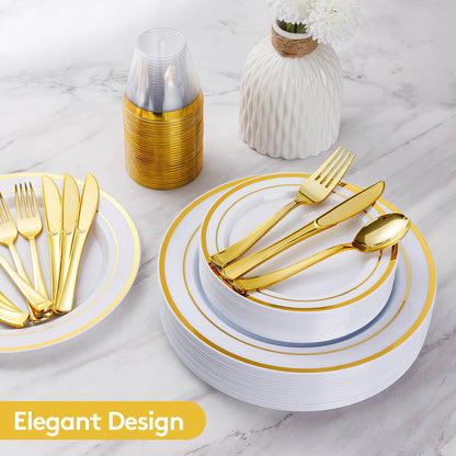 Goodluck 600 Pieces Gold Disposable Plates for 100 Guests, Plastic Plates for Party, Dinnerware Set of 100 Dinner and 100 Dessert Plates, 100 Spoons, 100 Forks, 100 Knives, 100 Cups