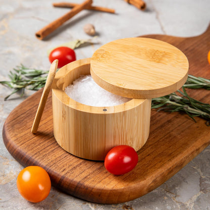 Pochita Global Bamboo Salt Cellar Bowl Box with Swivel Magnetic Lid to Avoid Dust, Elegant Kitchen Salt Container Holder with to Storage Pepper Spice Bath & Sea Salts, 6OZ（Built-in Spoon）