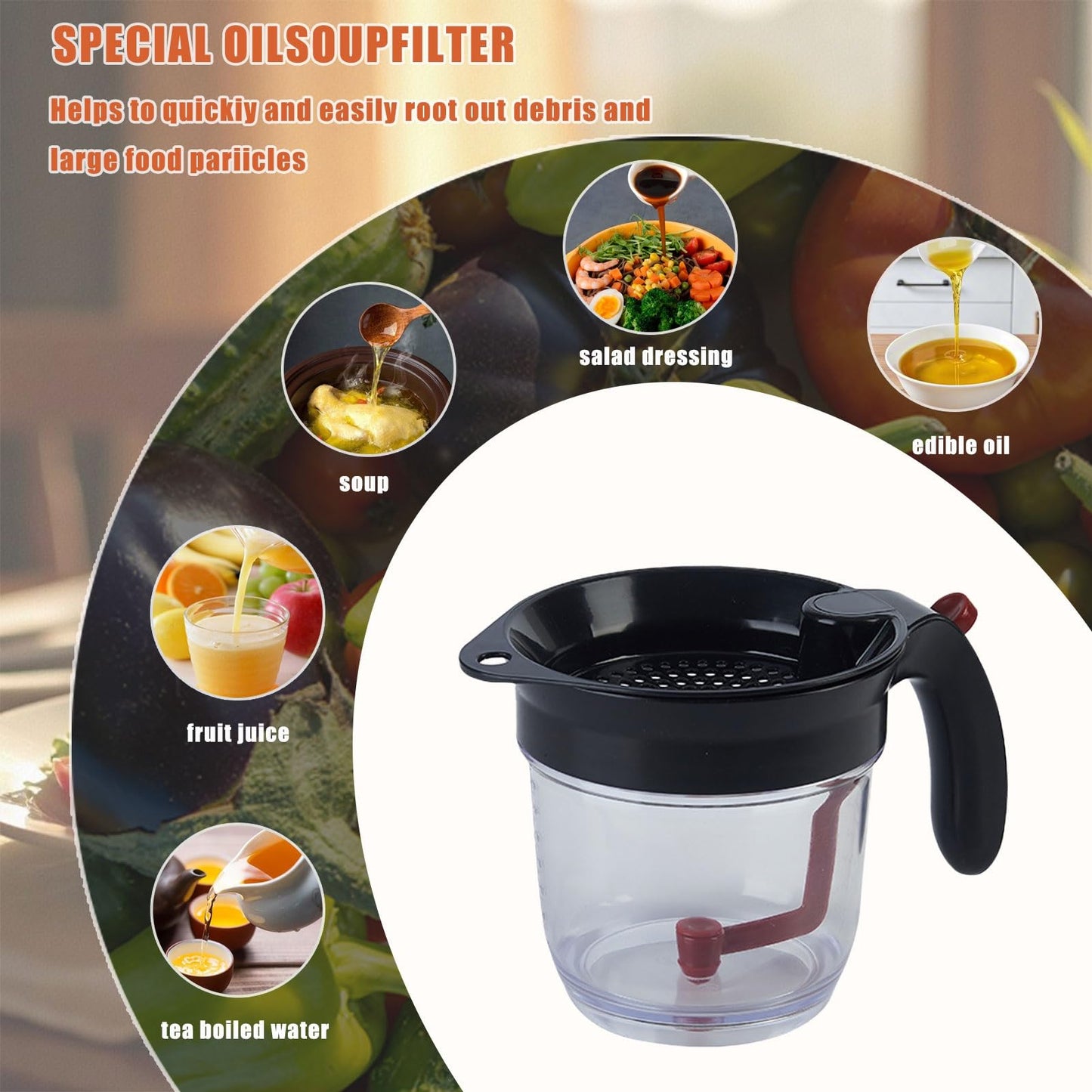 Fat Separator Cup with Bottom Release Button, Heat-Resistant Grease Separator for Gravy and Soup, 1L Oil Separator Measuring Cup with Handle, Easy Clean Kitchen Cooking Tool (Black)