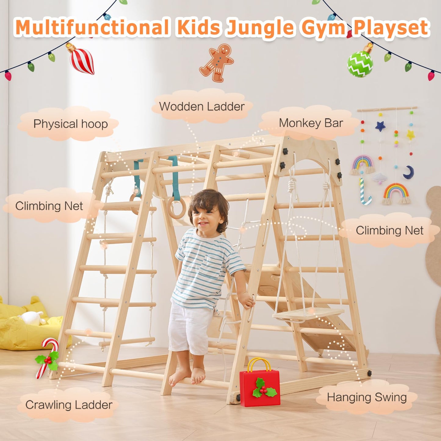 Homman 12-in-1 Toddler Playground - Foldable Kids Climbing Set with Slide, Rock/Net, Monkey Bars, Drawing Board, Swing and Pickler Set