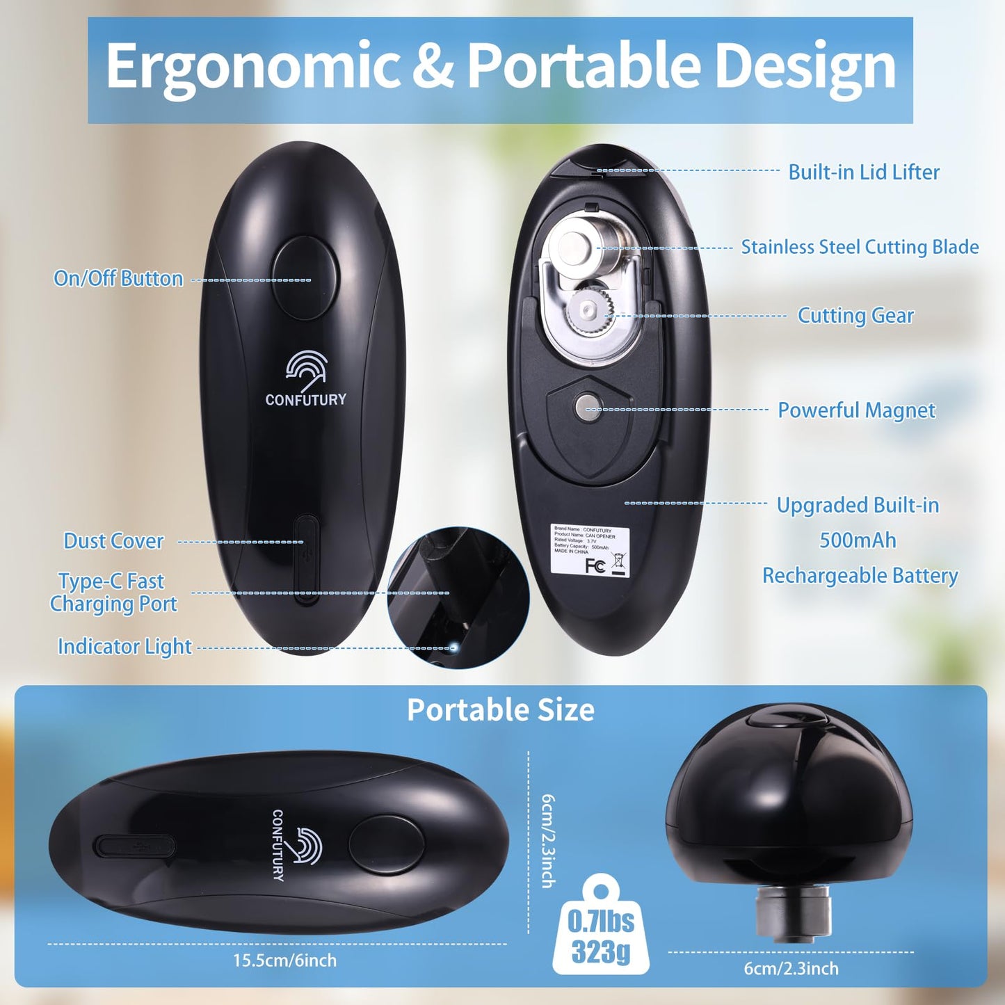 Can Opener Electric - Upgraded One-Touch Automatic, Smooth Edge, USB-C Rechargeable, Perfect for Seniors (Black)