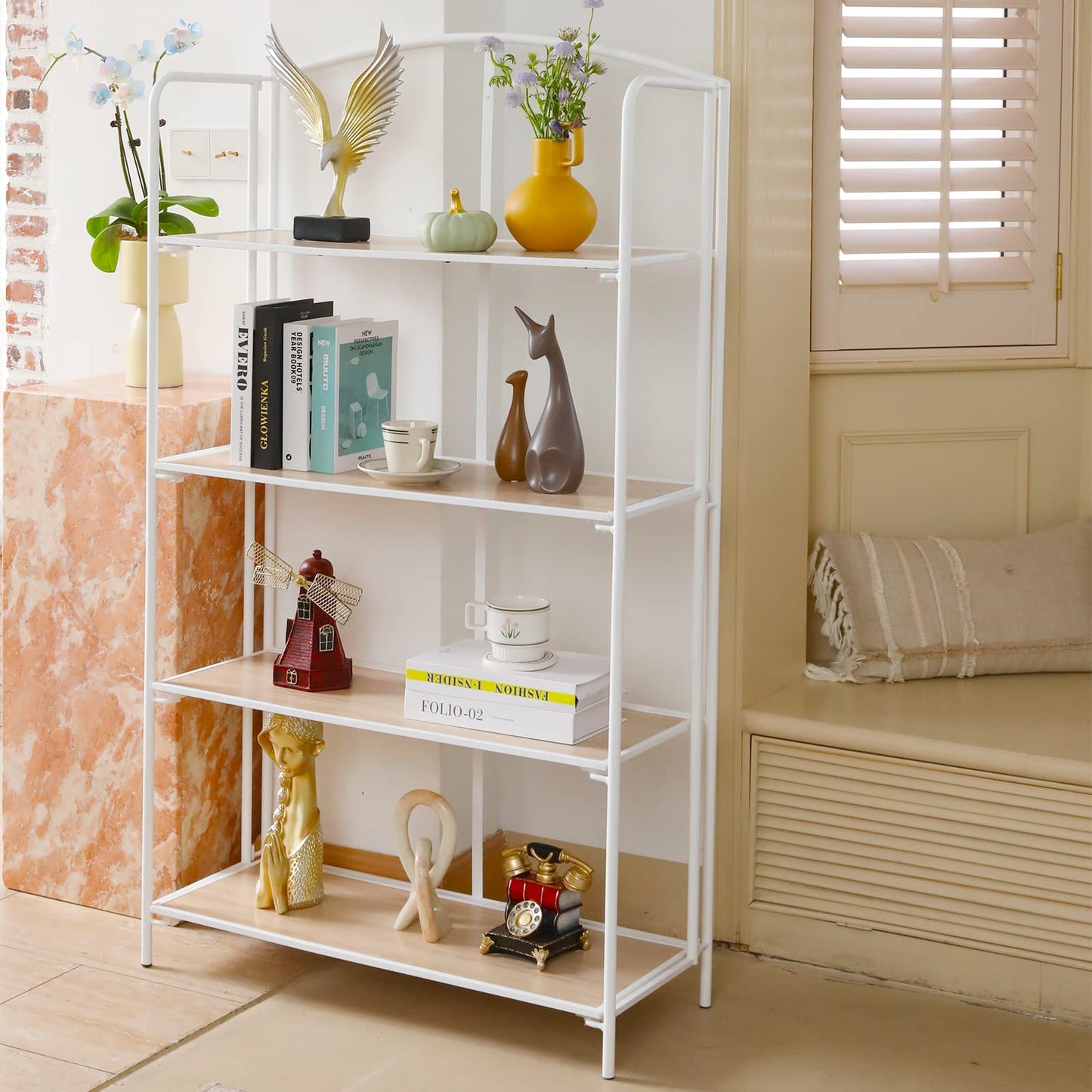Crofy No Assembly Folding Bookshelf for Living Room, 4 Tier White Collapsible Book Shelf for Home Office, Portable Bookcase Storage Organizer