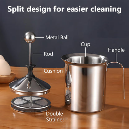 Manual Milk Frother, 27oz Stainless Steel Hand Pump Milk Frother with Double Layer Filter and Lid, Handheld Milk Foam Maker for Coffee, Latte, Cappuccino, Frappe, Matcha, Hot Chocolate
