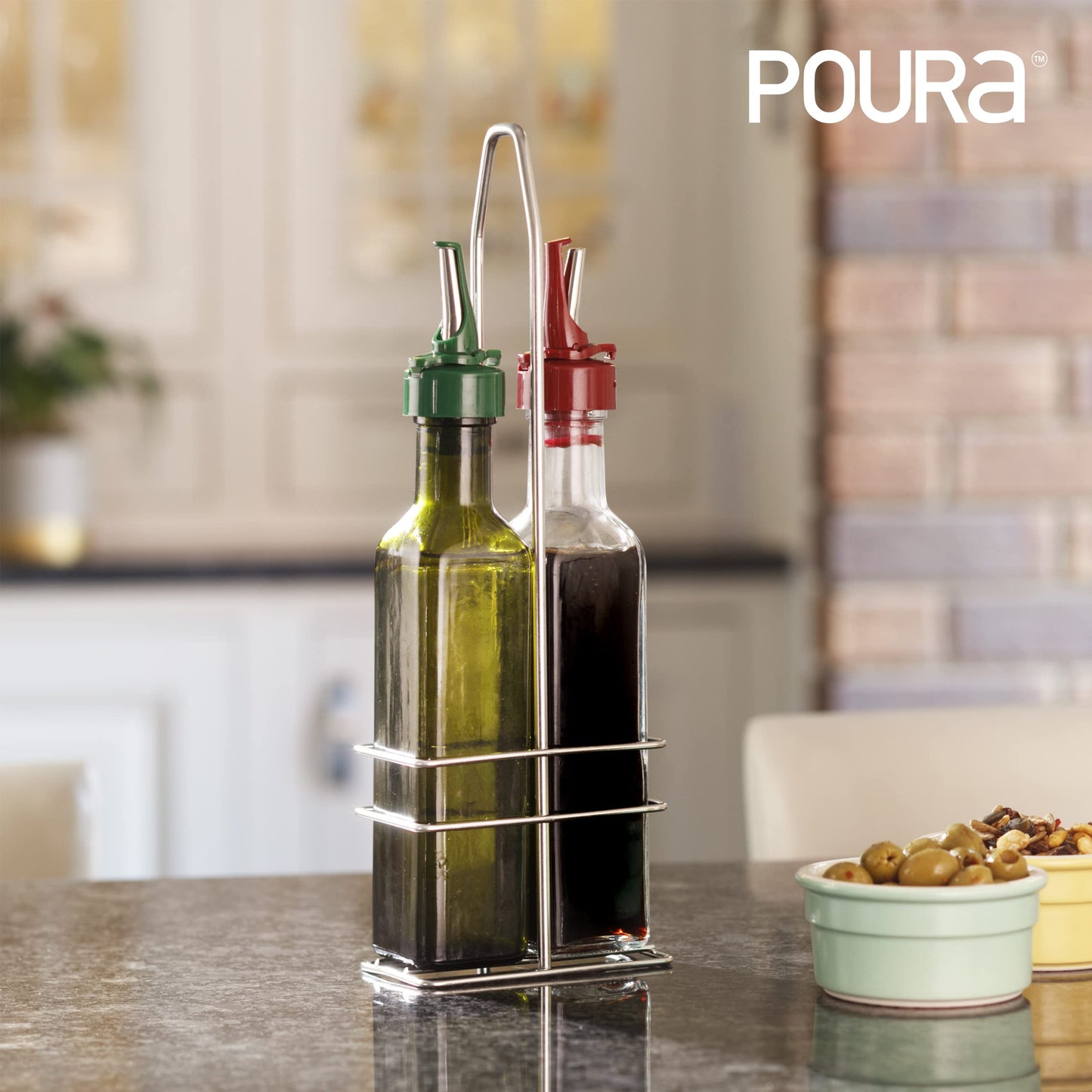 Poura Vinegar and Olive Oil Bottle Drizzler Set with ClickSeal BPA Free Pour Spouts | Glass Oil & Vinegar Dispenser Bottles for Cooking & Dining | Hygienic Covers + Silicone Decanter Funnel 250ml